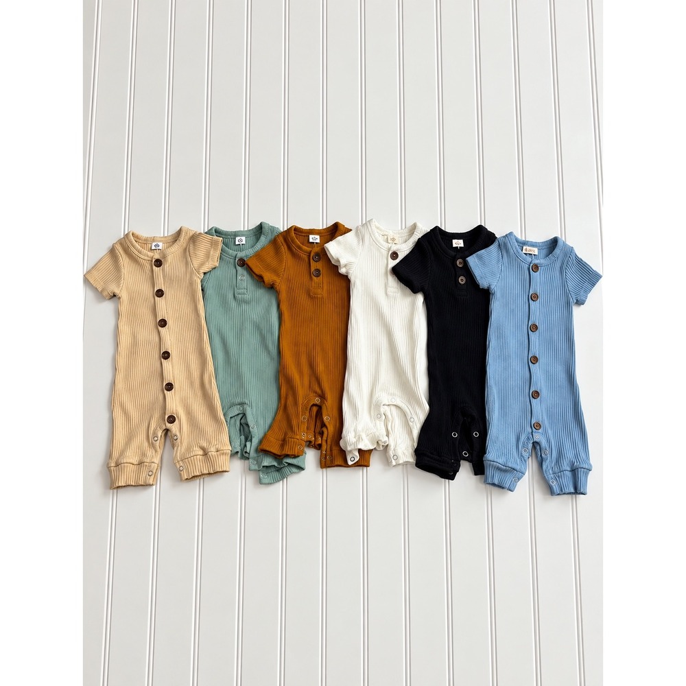 Amazon Neutral Tone Ribbed Knit Baby Romper Bundle 6pc Size 9-12M Henley Snaps